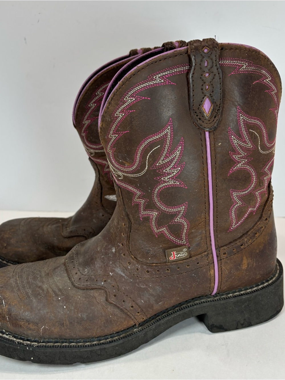 Justin Boots Gypsy Womens Leather Western Boots Brown/Pink Square Toe 8.5 B Read - Picture 2 of 9